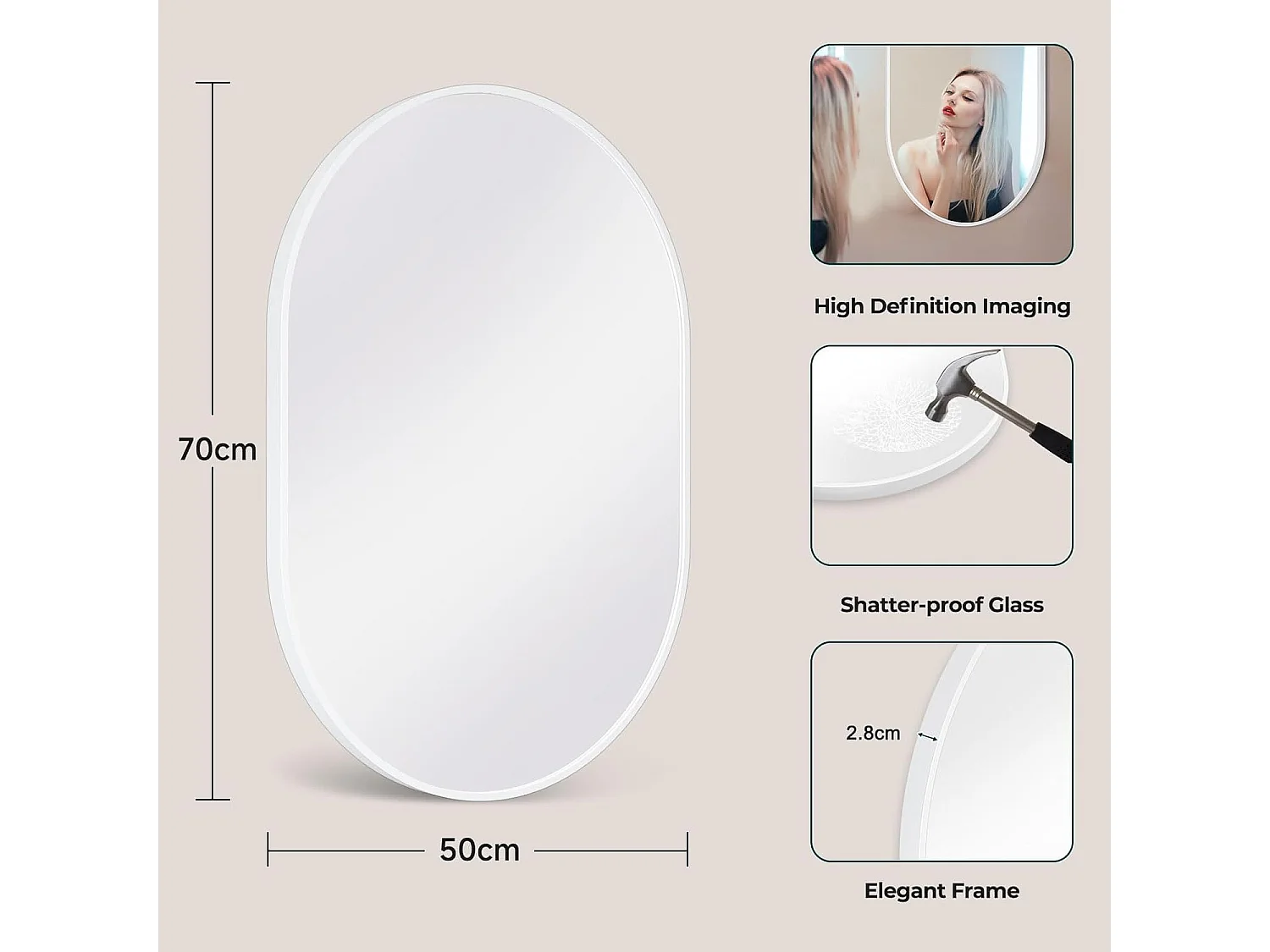 Dripex Miroir Mural 70x50cm Ovale Miroir de Maquillage avec Cadre en Alliage dAluminium Miroir de Dcoration pour Entre Chambre Sal