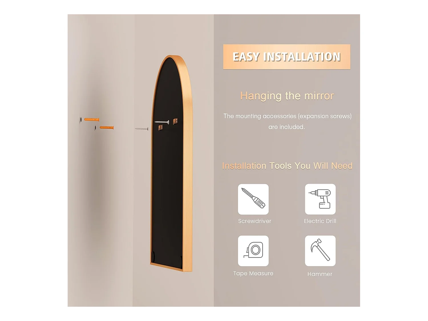 Dripex Miroir Mural Arche 6090cm Or Grand Miroir de Maquillage avec Cadre en Alliage dAluminium Idal pour Entre Chambre Salon Sall