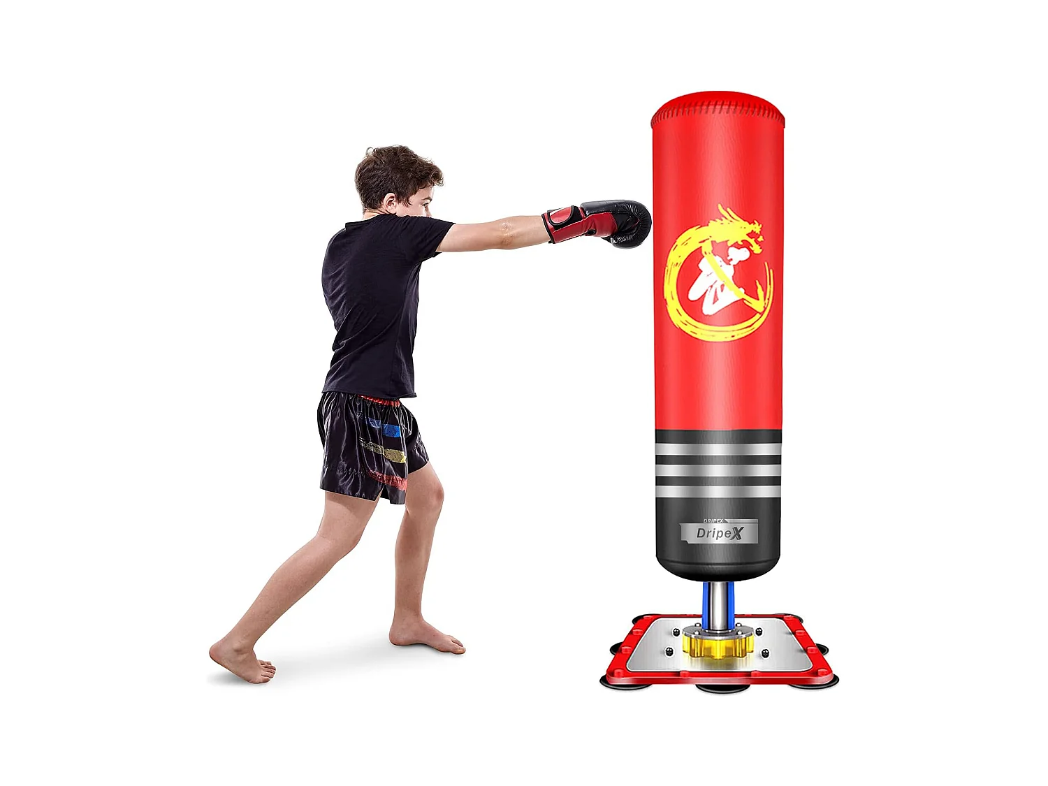 Dripex PunchingBall Enfant 120 cm Sac de Frappe Boxe sur Pied avec 12 Ventouses pour Karat Taekwondo MMA Rouge