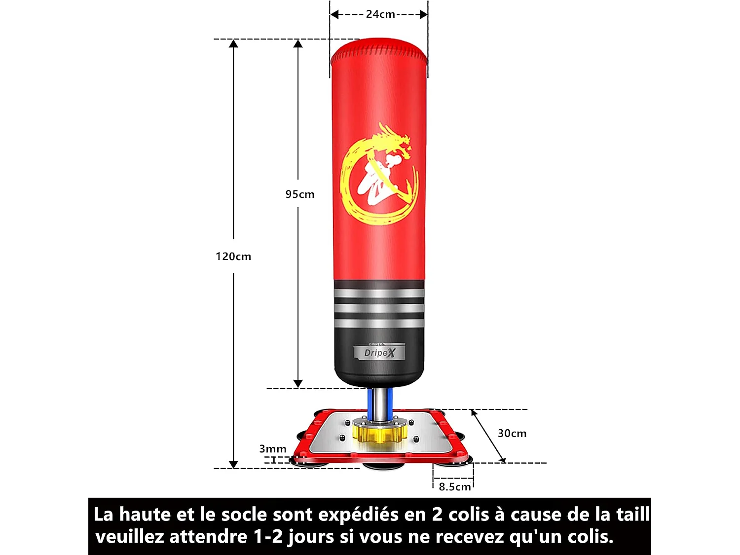 Dripex PunchingBall Enfant 120 cm Sac de Frappe Boxe sur Pied avec 12 Ventouses pour Karat Taekwondo MMA Rouge