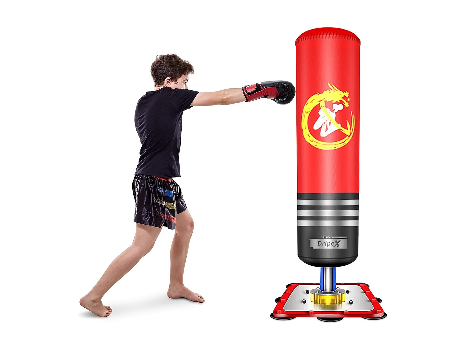 Dripex PunchingBall Enfant 120 cm Sac de Frappe Boxe sur Pied avec 12 Ventouses pour Karat Taekwondo MMA Rouge