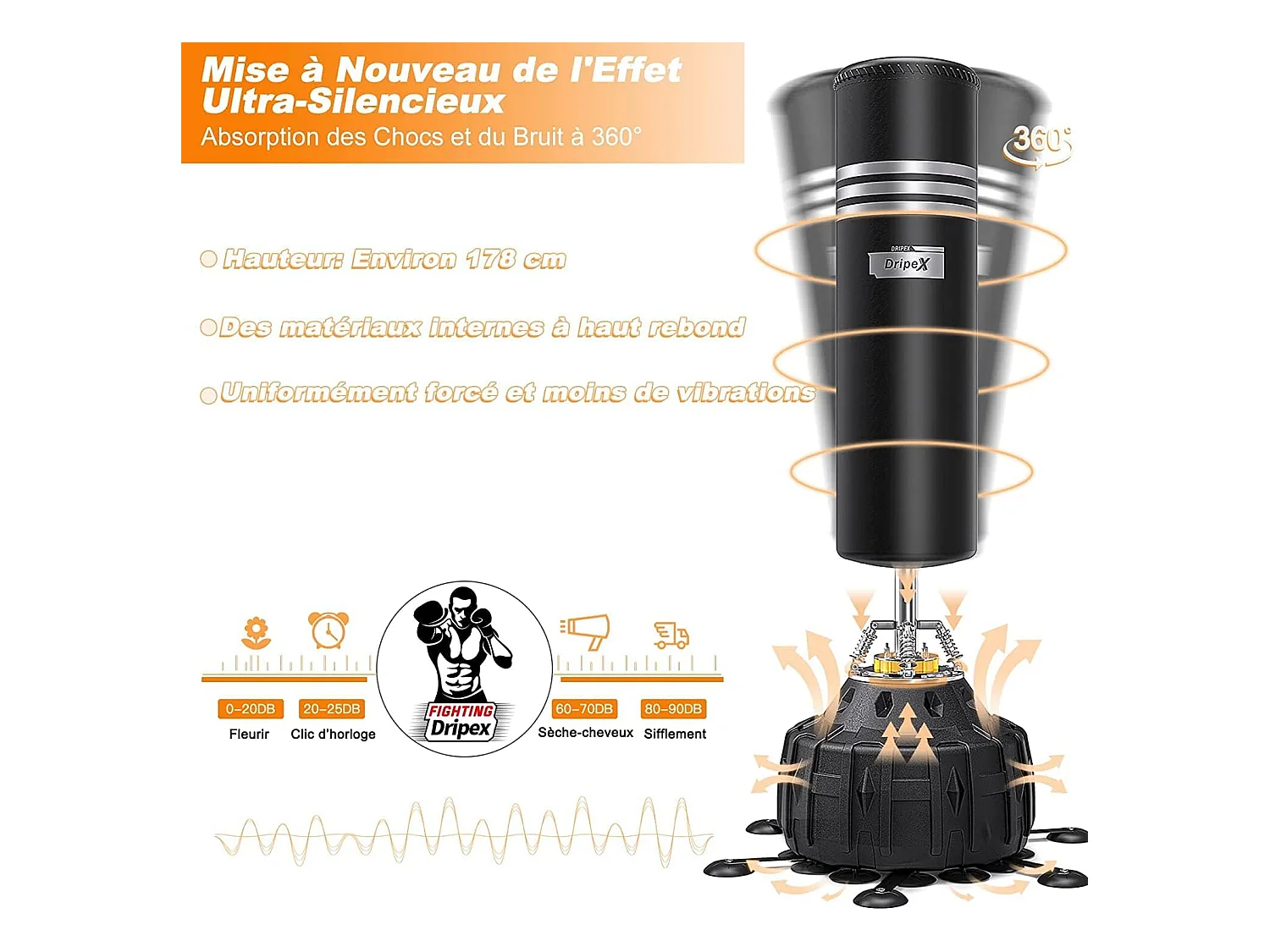 Dripex Sac de Boxe Autoportant Sac de Frappe sur Pied 178 cm Punching Ball avec 25 Ventouses pour Muay Thai Kickboxing Arts Martia