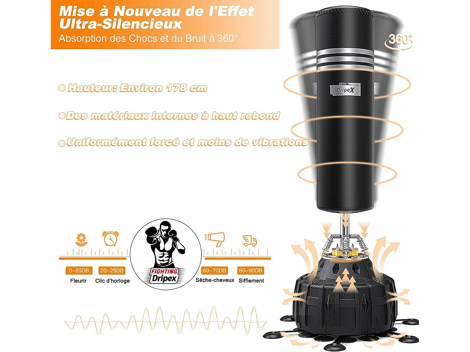 Dripex Sac de Boxe Autoportant Sac de Frappe sur Pied 178 cm Punching Ball avec 25 Ventouses pour Muay Thai Kickboxing Arts Martia