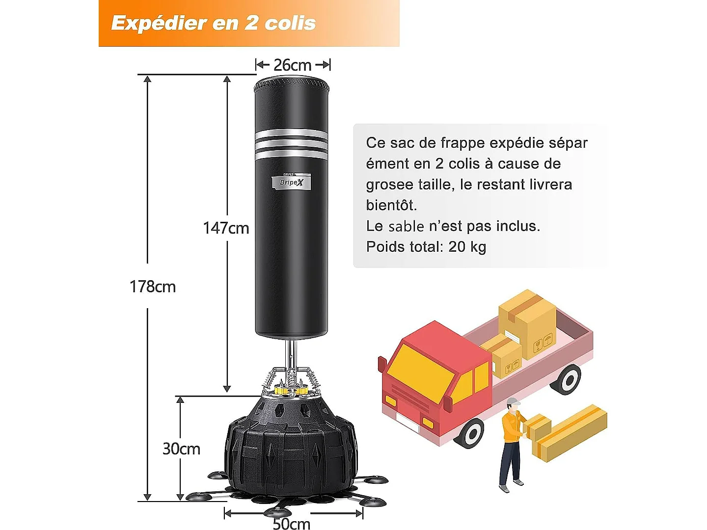 Dripex Sac de Boxe Autoportant Sac de Frappe sur Pied 178 cm Punching Ball avec 25 Ventouses pour Muay Thai Kickboxing Arts Martia