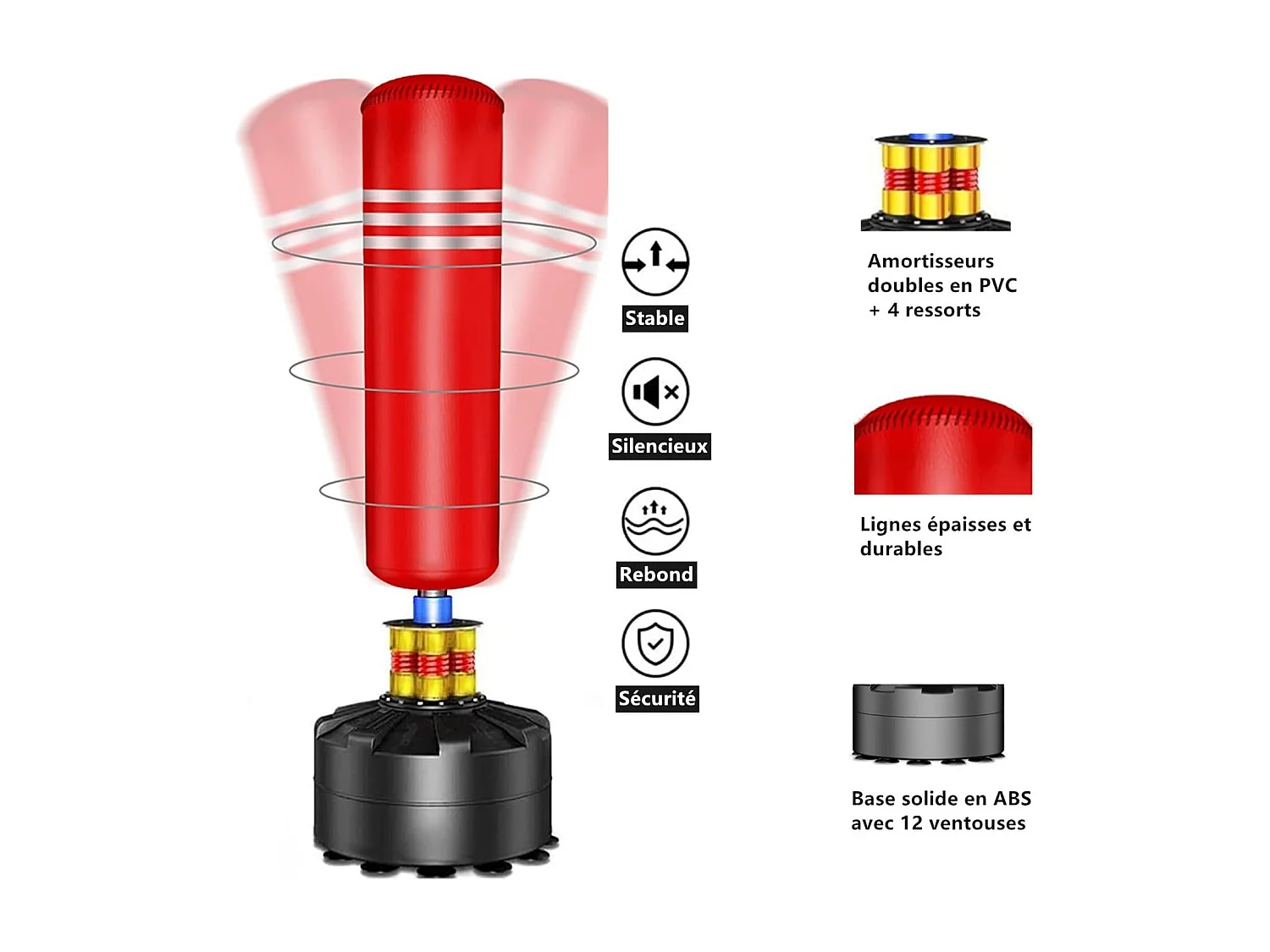 Moziel Sac de Frappe sur Pied Debout pour Adulte 175 cm Sac de Boxe Autoportant avec 12 VentousesRouge