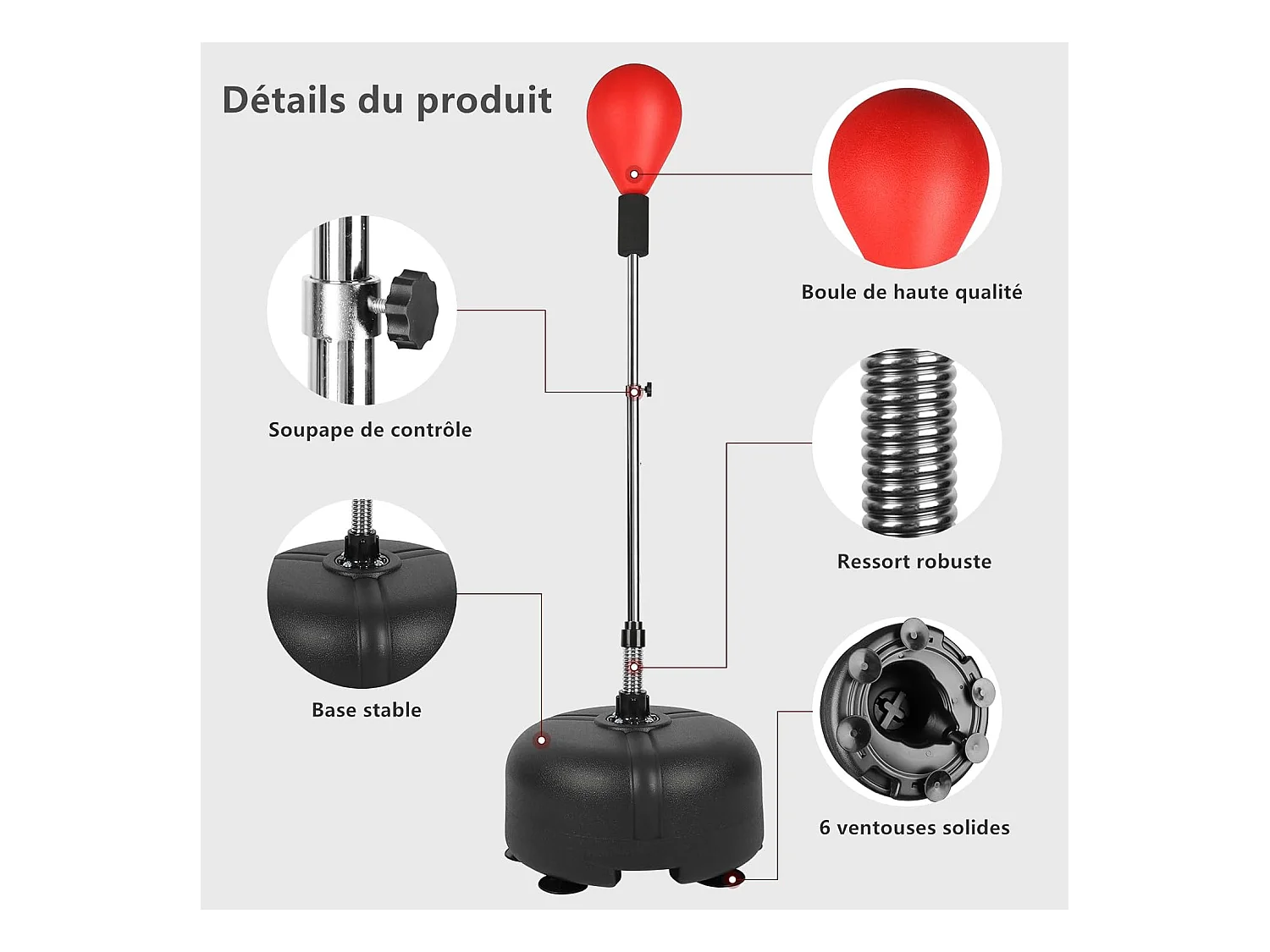 Dripex Punching Ball sur Pied Rglable en Hauteur 135-155 cm Sac de Frappe Boxe avec 6 Ventouses pour Adulte Enfant Rouge