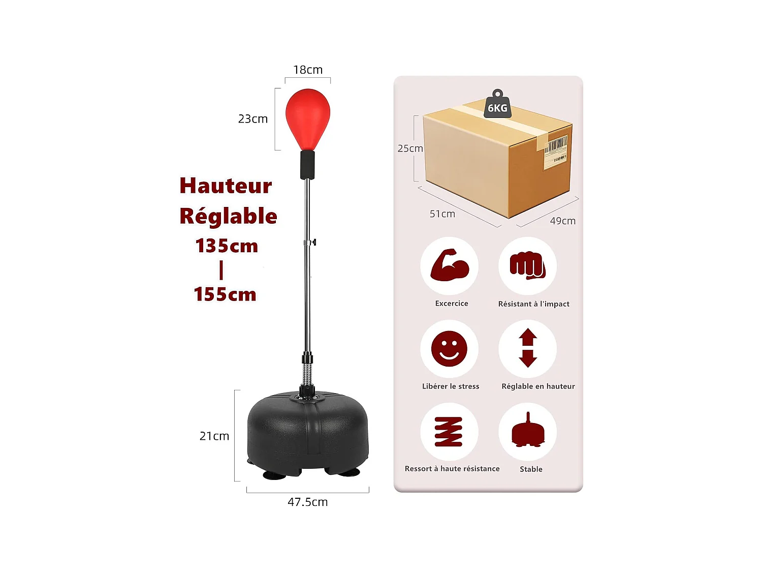 Dripex Punching Ball sur Pied Rglable en Hauteur 135-155 cm Sac de Frappe Boxe avec 6 Ventouses pour Adulte Enfant Rouge