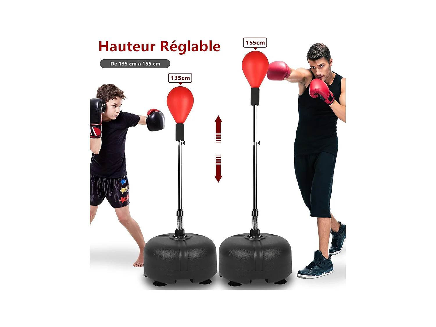 Dripex Punching Ball sur Pied Rglable en Hauteur 135-155 cm Sac de Frappe Boxe avec 6 Ventouses pour Adulte Enfant Rouge