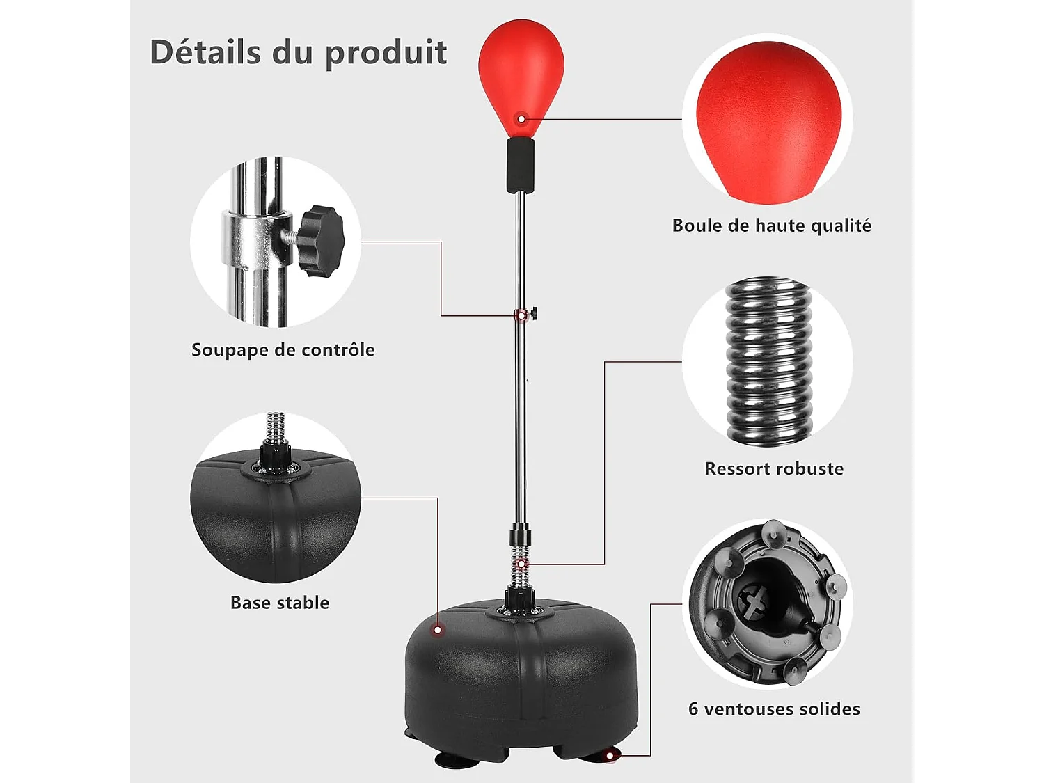 Dripex Punching Ball sur Pied Rglable en Hauteur 135-155 cm Sac de Frappe Boxe avec 6 Ventouses pour Adulte Enfant Rouge