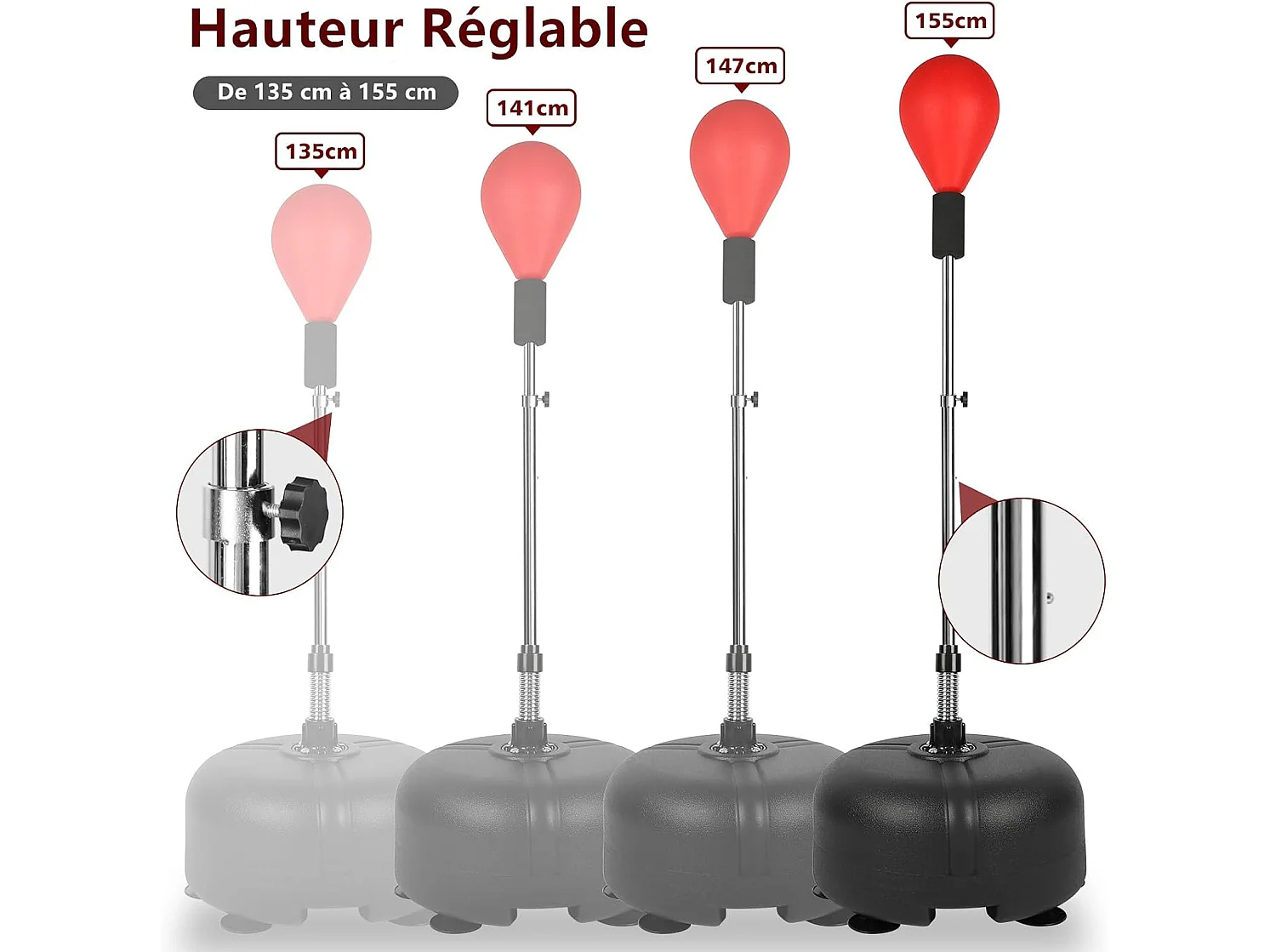 Dripex Punching Ball sur Pied Rglable en Hauteur 135-155 cm Sac de Frappe Boxe avec 6 Ventouses pour Adulte Enfant Rouge