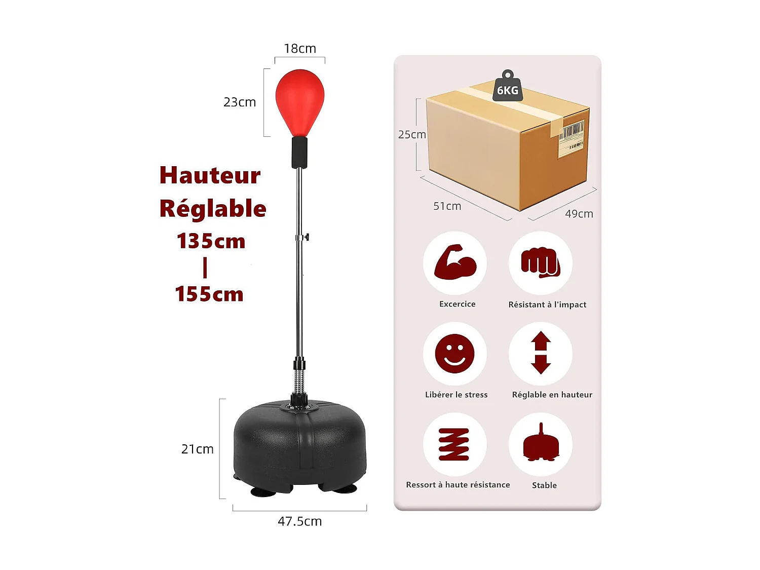 Dripex Punching Ball sur Pied Rglable en Hauteur 135-155 cm Sac de Frappe Boxe avec 6 Ventouses pour Adulte Enfant Rouge