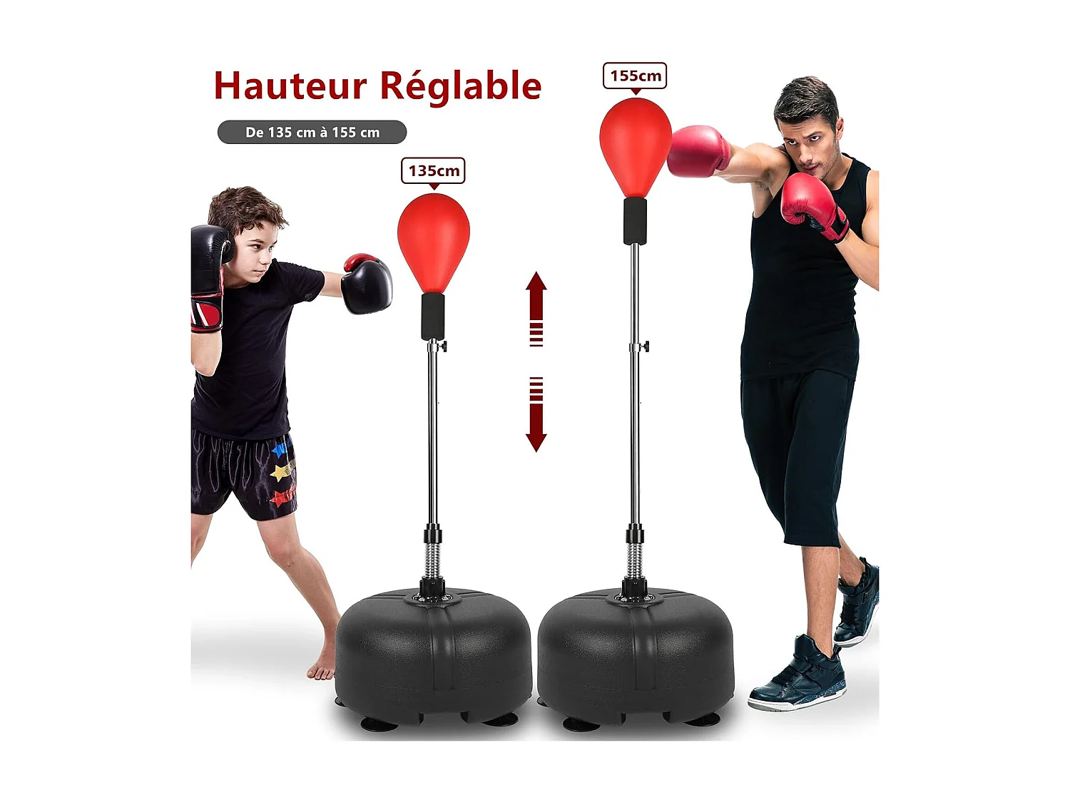 Dripex Punching Ball sur Pied Rglable en Hauteur 135-155 cm Sac de Frappe Boxe avec 6 Ventouses pour Adulte Enfant Rouge