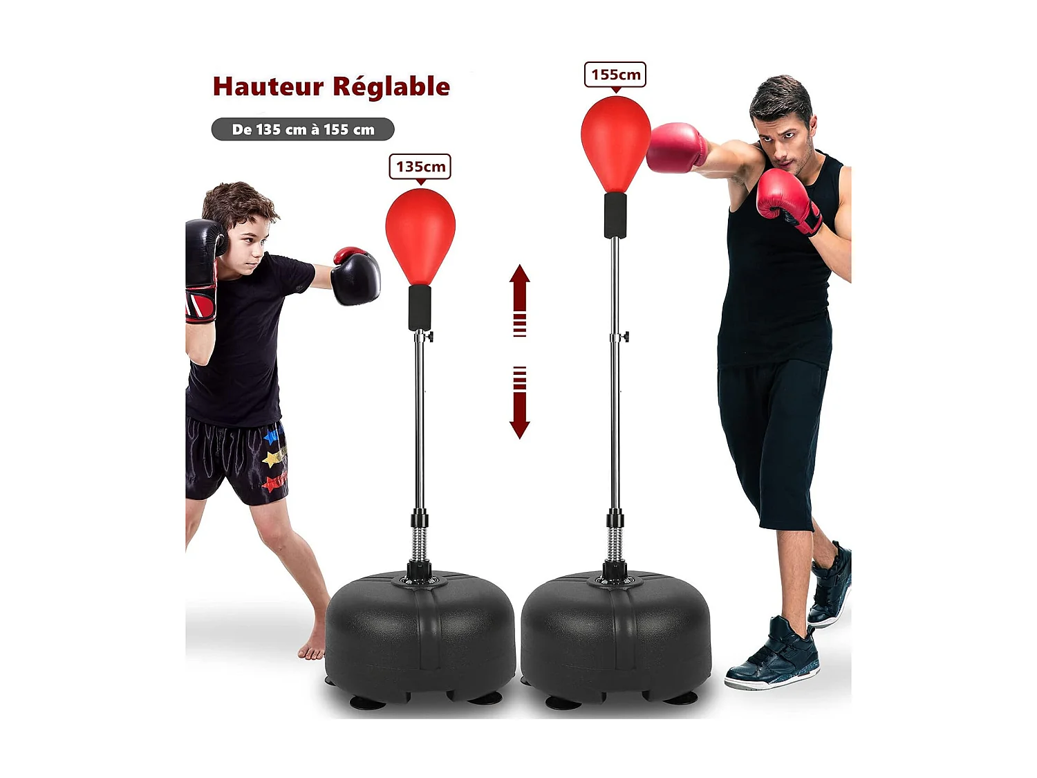 Dripex Punching Ball sur Pied Rglable en Hauteur 135-155 cm Sac de Frappe Boxe avec 6 Ventouses pour Adulte Enfant Rouge