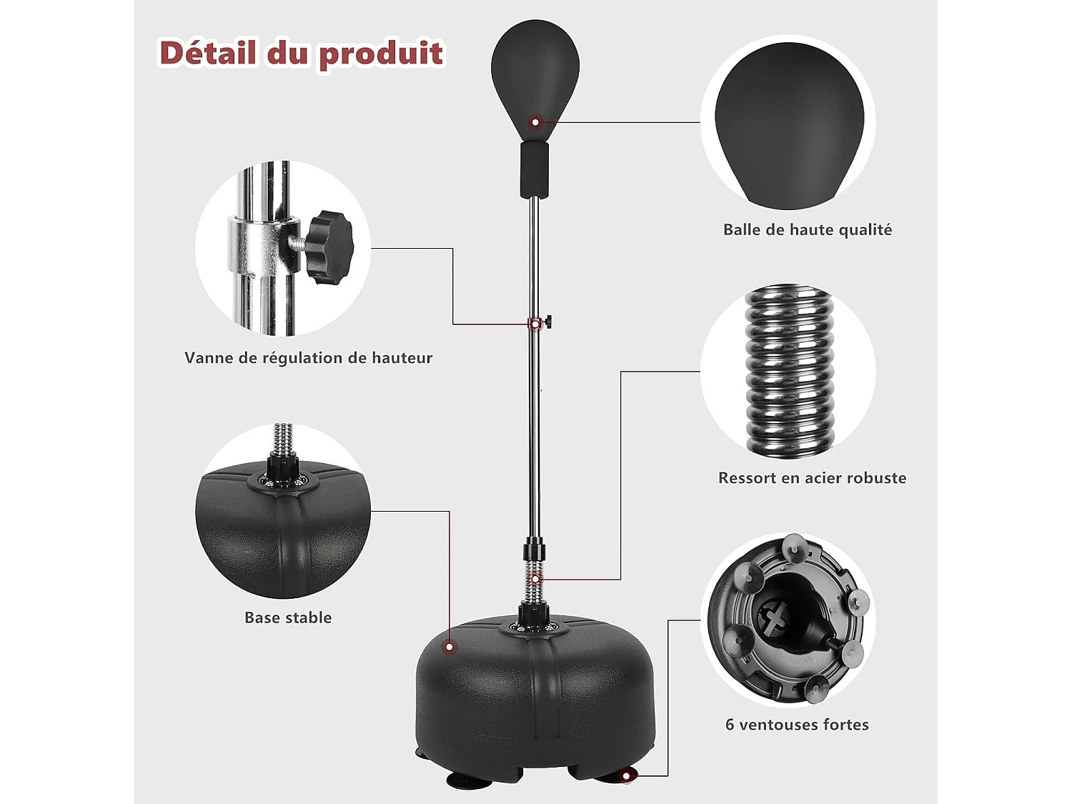 Dripex Punching Ball sur Pied Enfant Sac de Frappe Boxe avec Base 6 Ventouses Hauteur Rglable 135-155 cm Noir