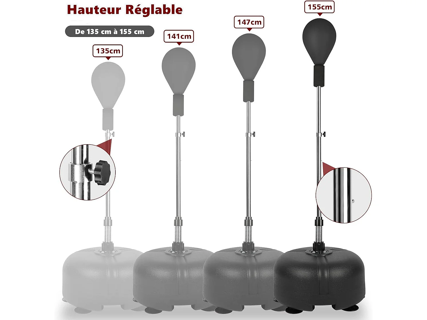 Dripex Punching Ball sur Pied Enfant Sac de Frappe Boxe avec Base 6 Ventouses Hauteur Rglable 135-155 cm Noir