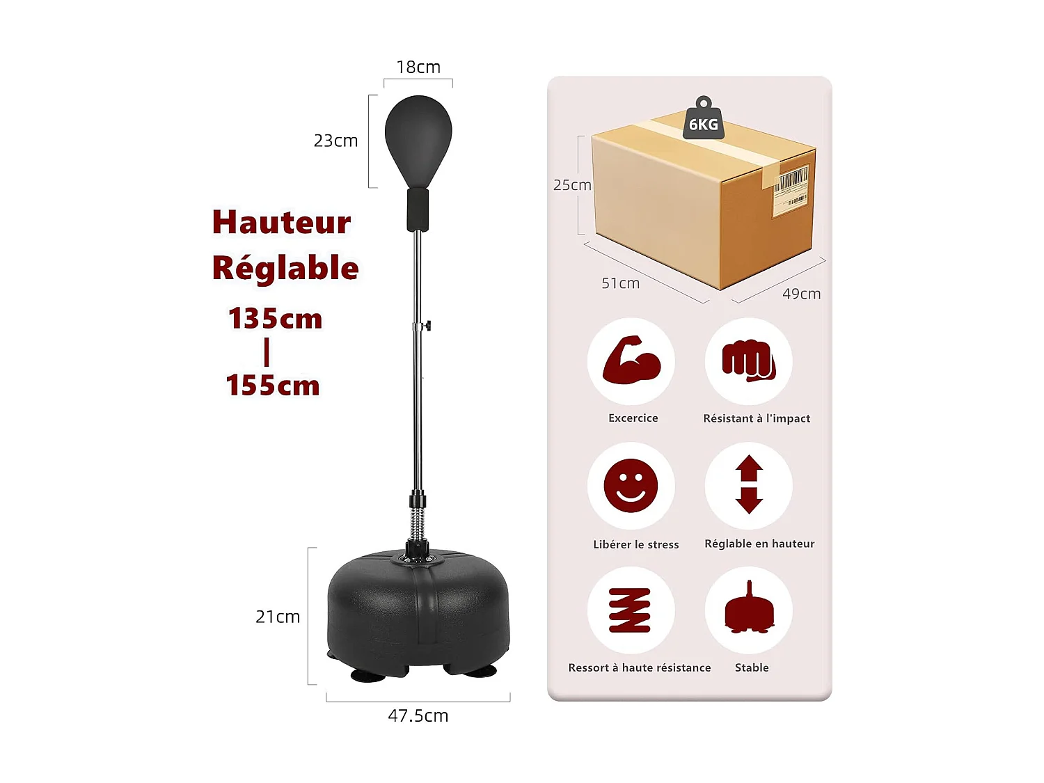 Dripex Punching Ball sur Pied Enfant Sac de Frappe Boxe avec Base 6 Ventouses Hauteur Rglable 135-155 cm Noir