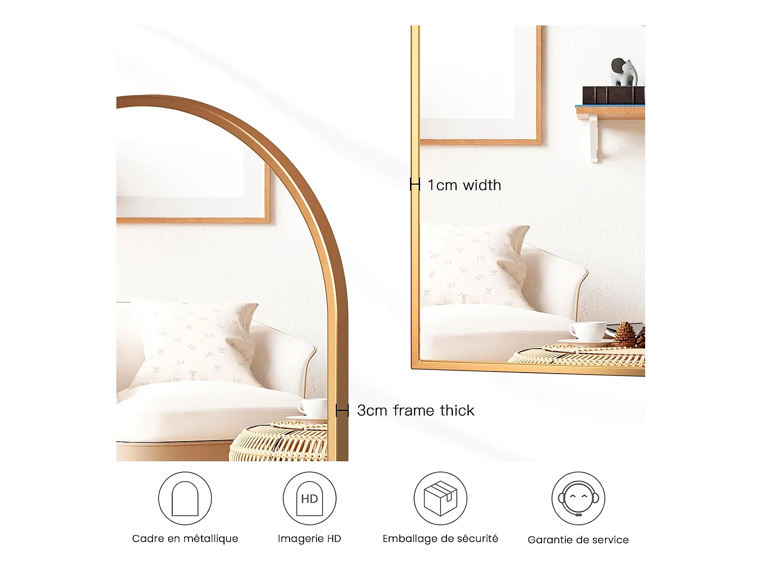 Dripex Miroir Mural Arche Grand Miroir de Maquillage 5075cm avec Cadre en Alliage dAluminium pour Entre Chambre Salon Salle de Bai