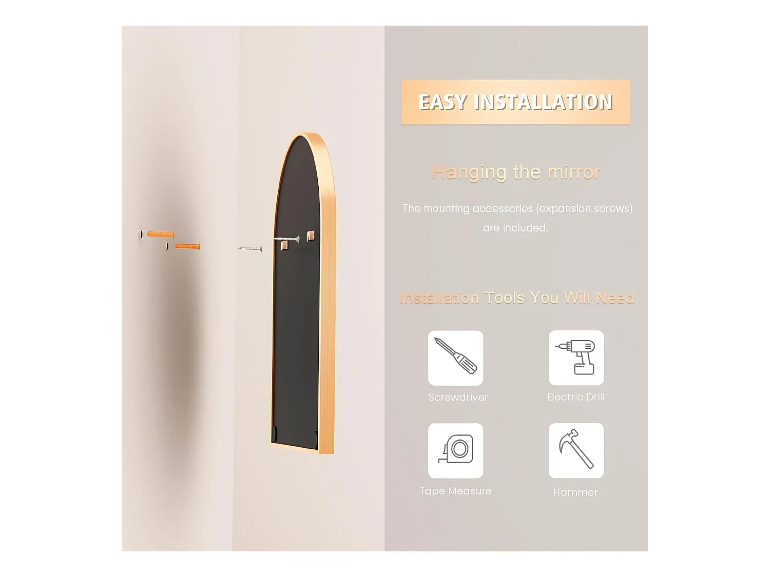 Dripex Miroir Mural Arche Grand Miroir de Maquillage 5075cm avec Cadre en Alliage dAluminium pour Entre Chambre Salon Salle de Bai