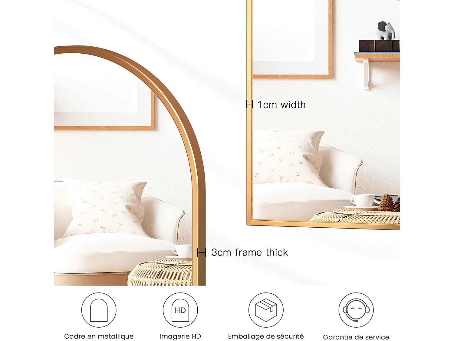 Dripex Miroir Mural Arche Grand Miroir de Maquillage 5075cm avec Cadre en Alliage dAluminium pour Entre Chambre Salon Salle de Bai