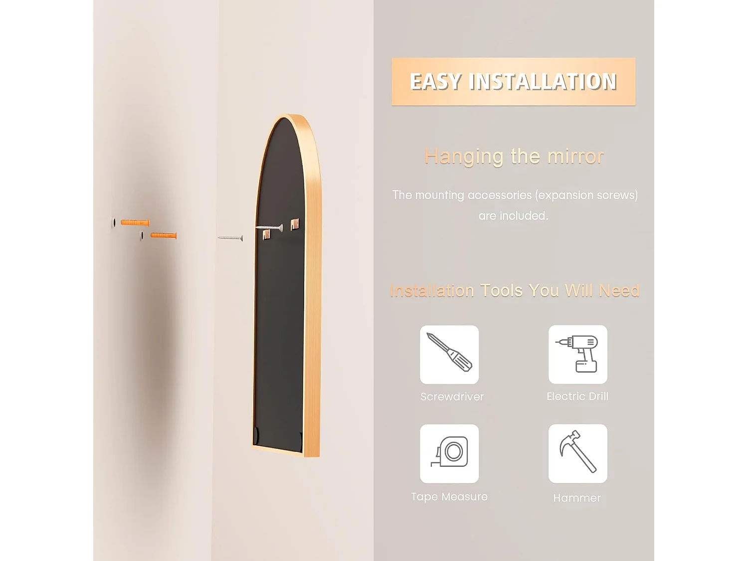 Dripex Miroir Mural Arche Grand Miroir de Maquillage 5075cm avec Cadre en Alliage dAluminium pour Entre Chambre Salon Salle de Bai