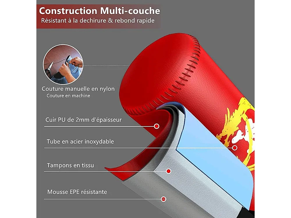 Dripex Sac de Frappe sur Pied Adulte avec Gants 175 cm Sac de Boxe Autoportant MMA Punching Ball pour Karat Fitness Taekwondo Rou