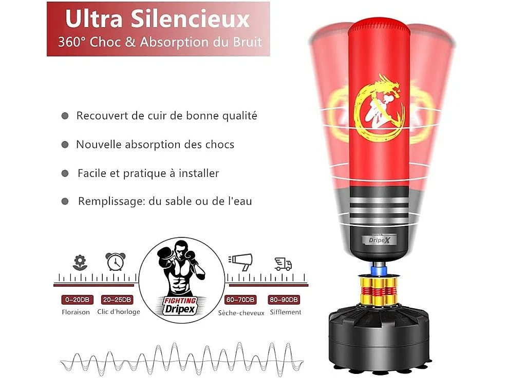 Dripex Sac de Frappe sur Pied Adulte avec Gants 175 cm Sac de Boxe Autoportant MMA Punching Ball pour Karat Fitness Taekwondo Rou