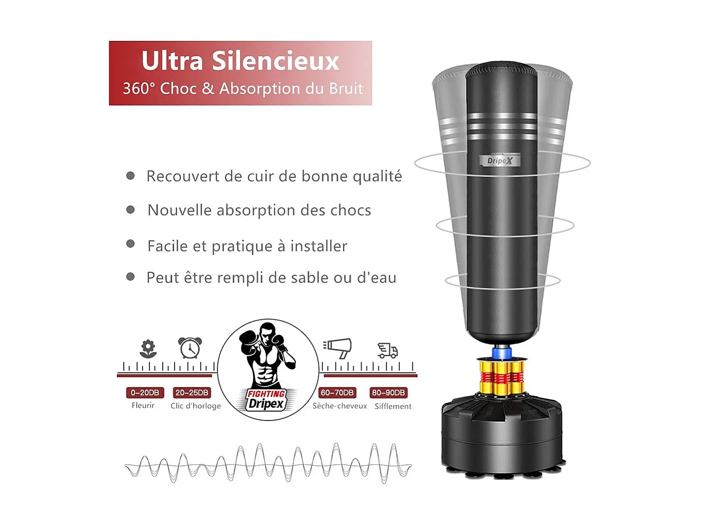 Dripex Sac de Frappe sur Pied Adulte 175cm Sac de Boxe Autoportant MMA Punching Ball pour Karat Fitness Taekwondo Noir