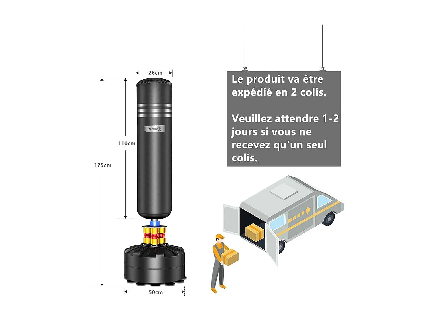 Dripex Sac de Frappe sur Pied Adulte 175cm Sac de Boxe Autoportant MMA Punching Ball pour Karat Fitness Taekwondo Noir