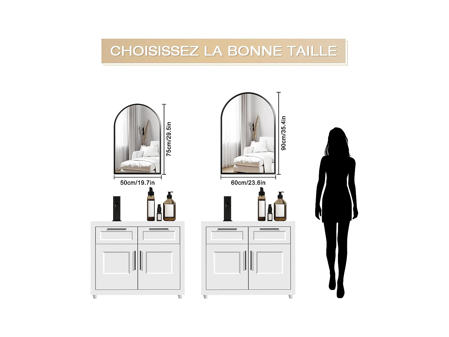 Dripex Miroir Mural Arqu 6090cm Grand Miroir de Maquillage avec Cadre en Alliage dAluminium pour Entre Chambre Salon Salle de Bain