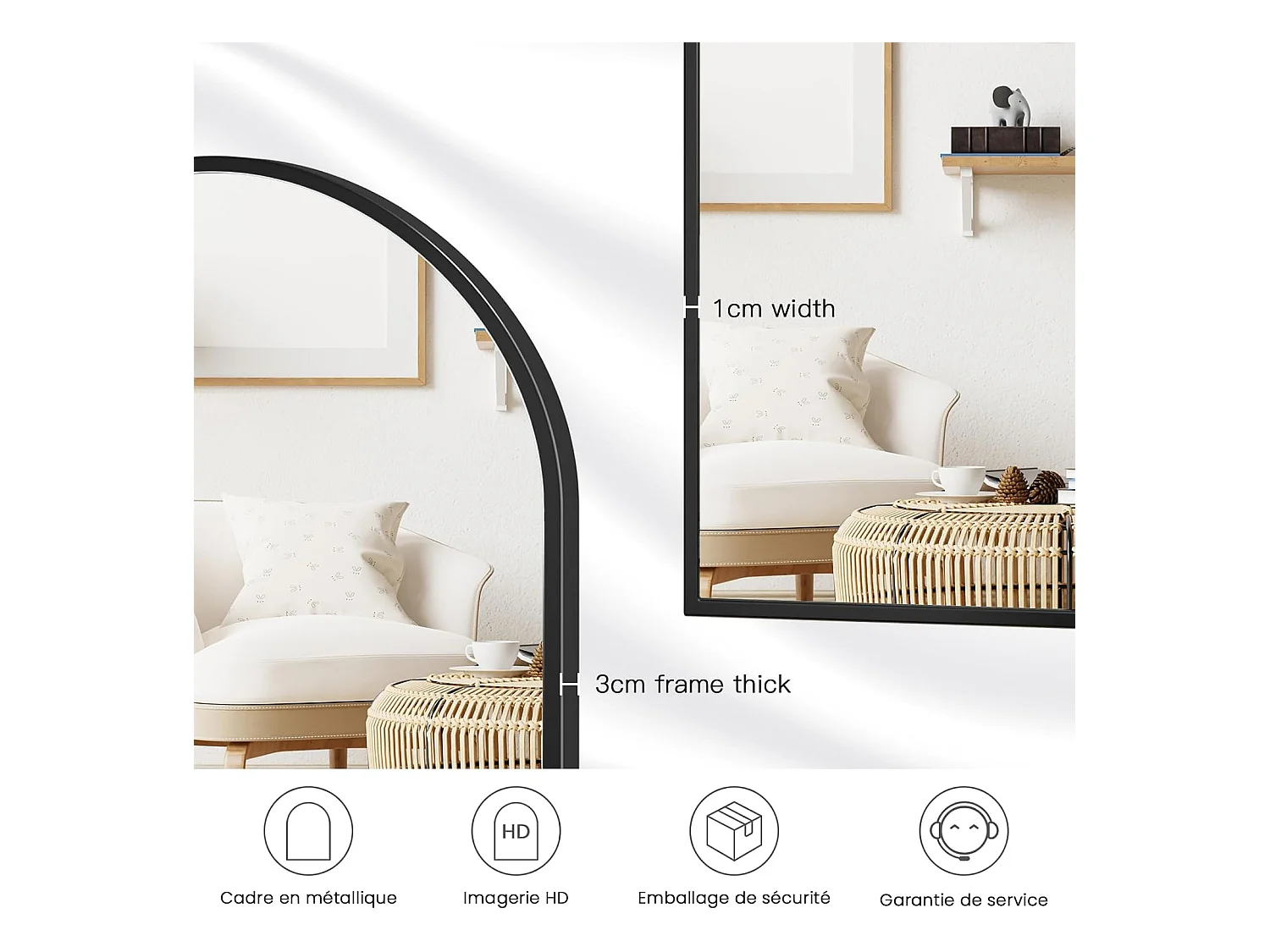 Dripex Miroir Mural Arqu 6090cm Grand Miroir de Maquillage avec Cadre en Alliage dAluminium pour Entre Chambre Salon Salle de Bain