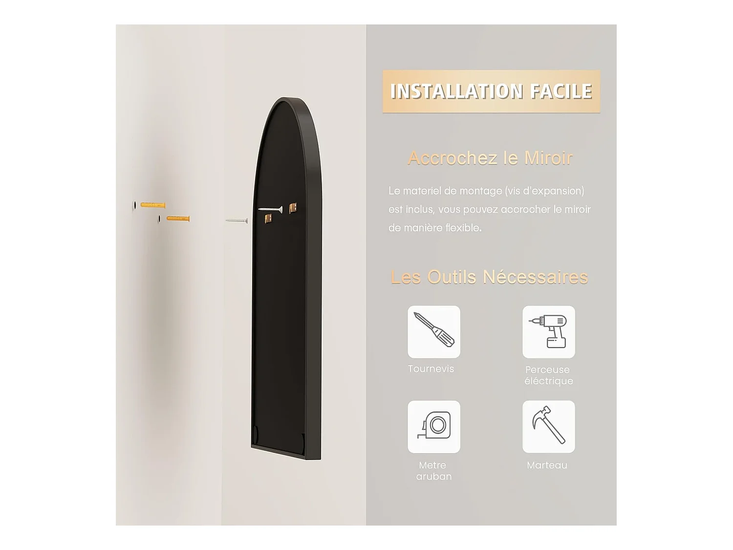 Dripex Miroir Mural Arqu 6090cm Grand Miroir de Maquillage avec Cadre en Alliage dAluminium pour Entre Chambre Salon Salle de Bain