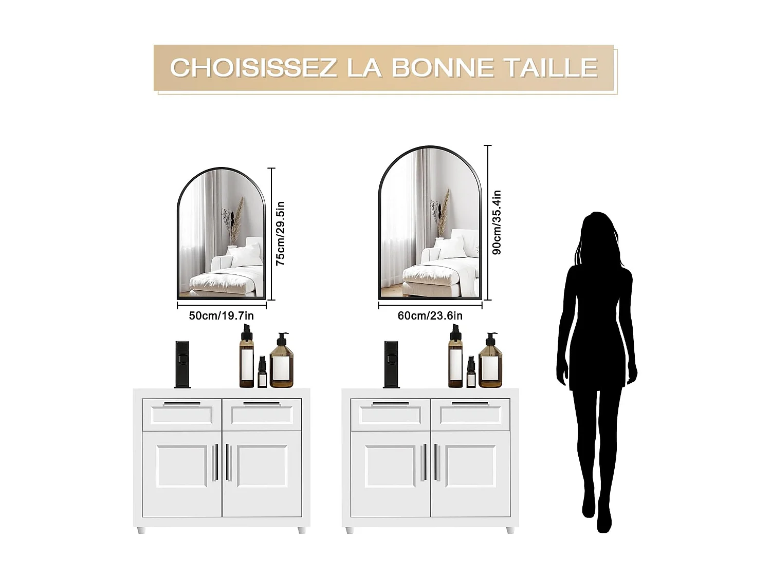 Dripex Miroir Mural Arqu 6090cm Grand Miroir de Maquillage avec Cadre en Alliage dAluminium pour Entre Chambre Salon Salle de Bain