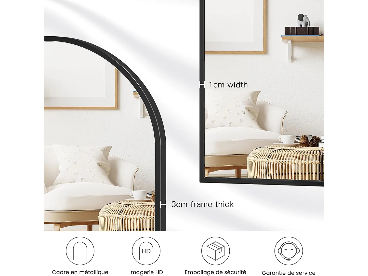 Dripex Miroir Mural Arqu 6090cm Grand Miroir de Maquillage avec Cadre en Alliage dAluminium pour Entre Chambre Salon Salle de Bain