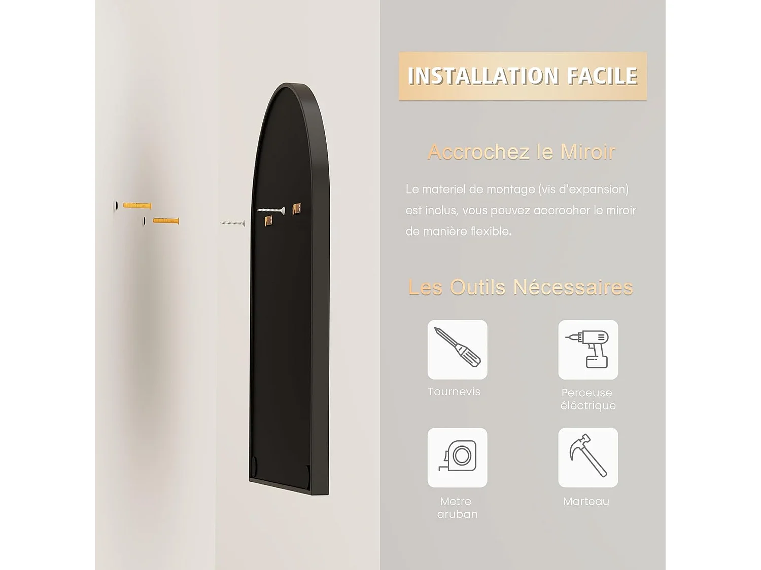 Dripex Miroir Mural Arqu 6090cm Grand Miroir de Maquillage avec Cadre en Alliage dAluminium pour Entre Chambre Salon Salle de Bain