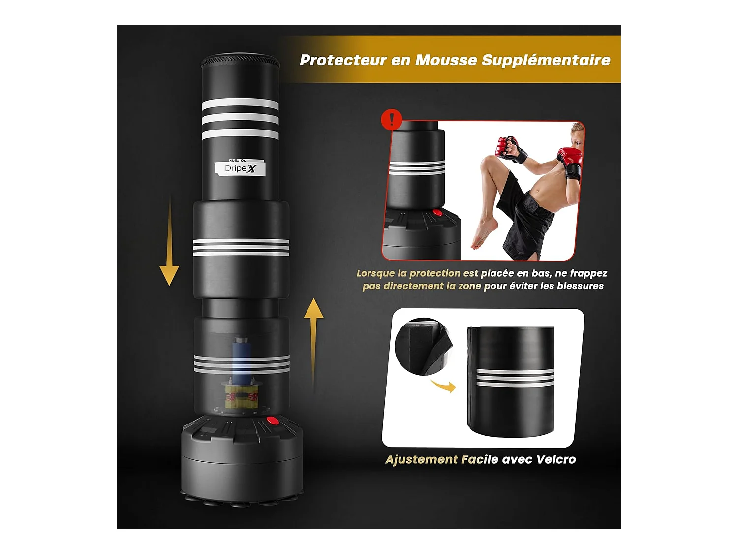 Dripex Sac de Frappe Adulte sur Pied avec Mousse Protecteur Sac de Boxe Autoportant 175 cm Punching Ball Adulte pour MMA Karat Fit