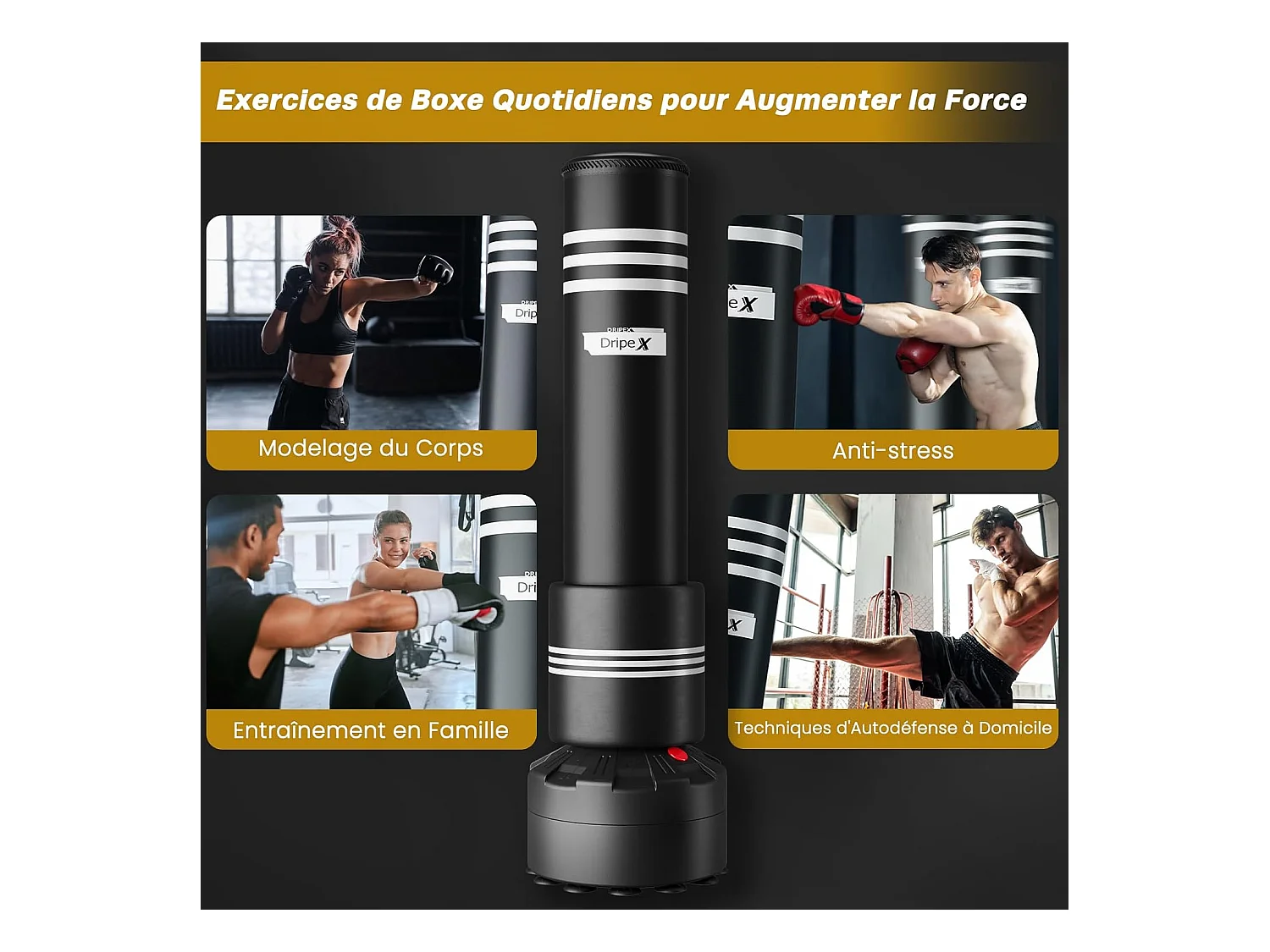 Dripex Sac de Frappe Adulte sur Pied avec Mousse Protecteur Sac de Boxe Autoportant 175 cm Punching Ball Adulte pour MMA Karat Fit