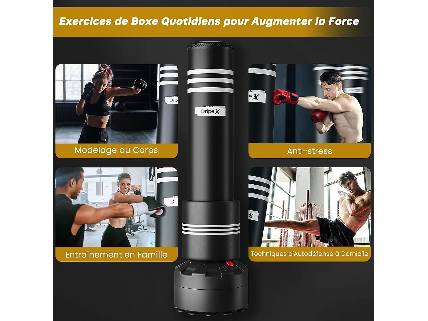 Dripex Sac de Frappe Adulte sur Pied avec Mousse Protecteur Sac de Boxe Autoportant 175 cm Punching Ball Adulte pour MMA Karat Fit