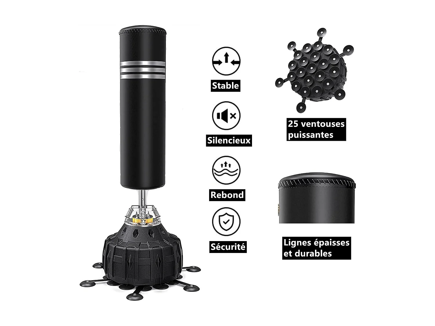 Moziel Sac de Frappe sur Pied 178 cm Punching Bag Debout Adulte Sac de Frappe Boxe Autoportant 25 Ventouses avec Systme Amortissem
