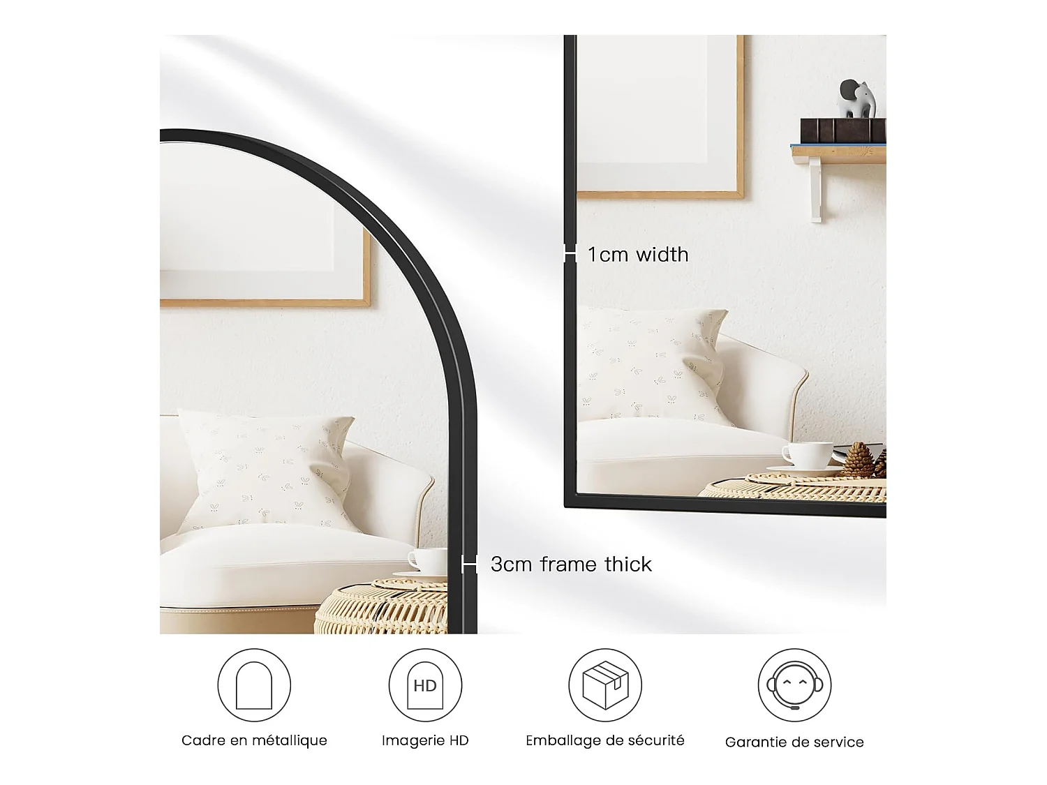 Dripex Miroir Arqu avec Cadre en Alliage dAluminium50 75cm Noir pour Entre Chambre Salon Salle de Bain