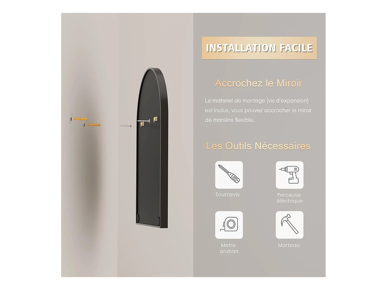 Dripex Miroir Arqu avec Cadre en Alliage dAluminium50 75cm Noir pour Entre Chambre Salon Salle de Bain