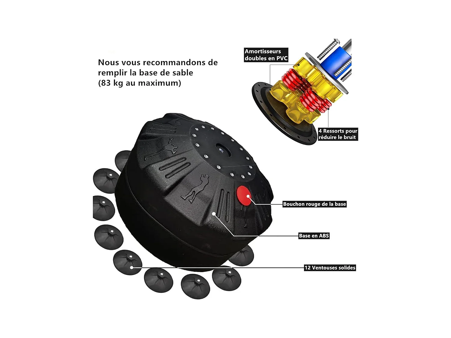 Moziel Sac de Frappe sur Pied Debout pour Adulte 175 cm Sac de Boxe Autoportant avec 12 VentousesNoir