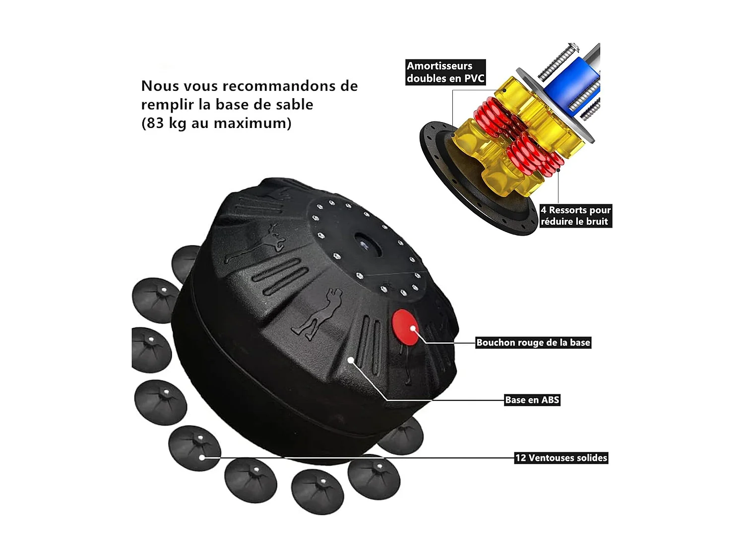 Moziel Sac de Frappe sur Pied Debout pour Adulte 175 cm Sac de Boxe Autoportant avec 12 VentousesNoir