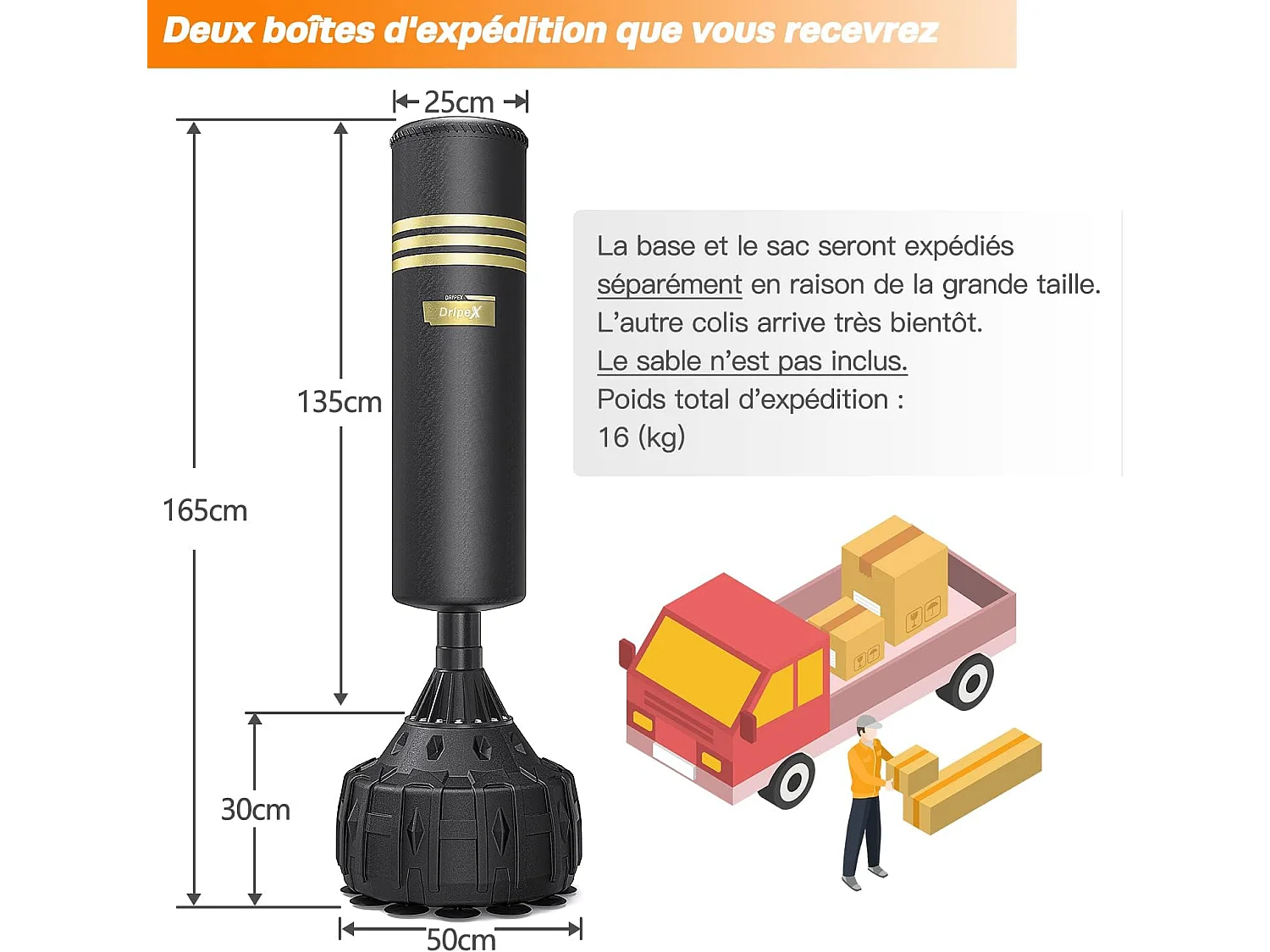 Dripex Sac de Frappe sur Pied 165 cm Sac de Boxe pour Adulte Punching Ball Autoportant avec 19 Ventouses quipement pour Boxe KickB