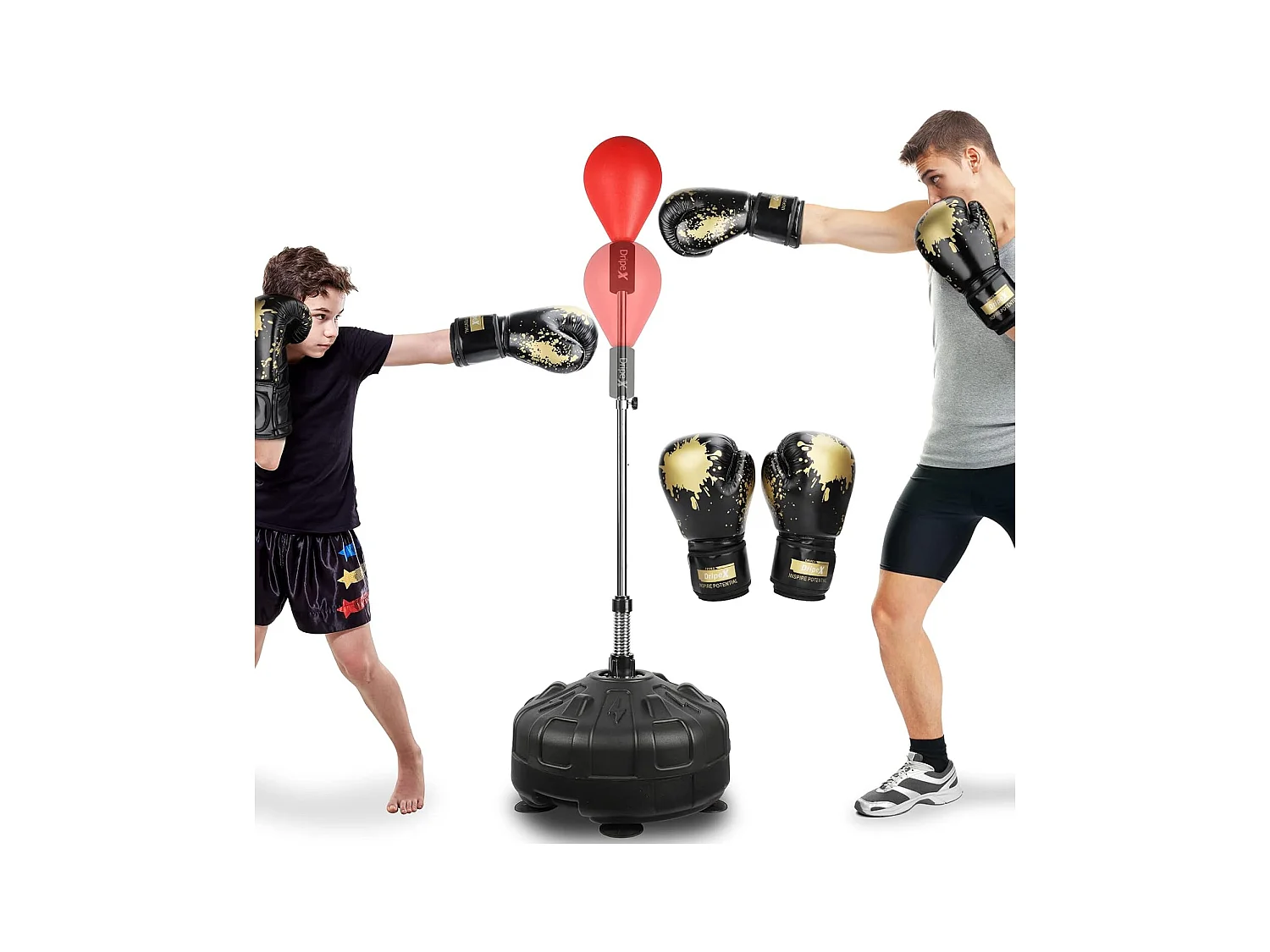 Dripex Punching Ball sur Pied avec Gants Enfant Sac de Frappe Boxe avec Base 6 Ventouses Hauteur Rglable 135-155 cm Rouge