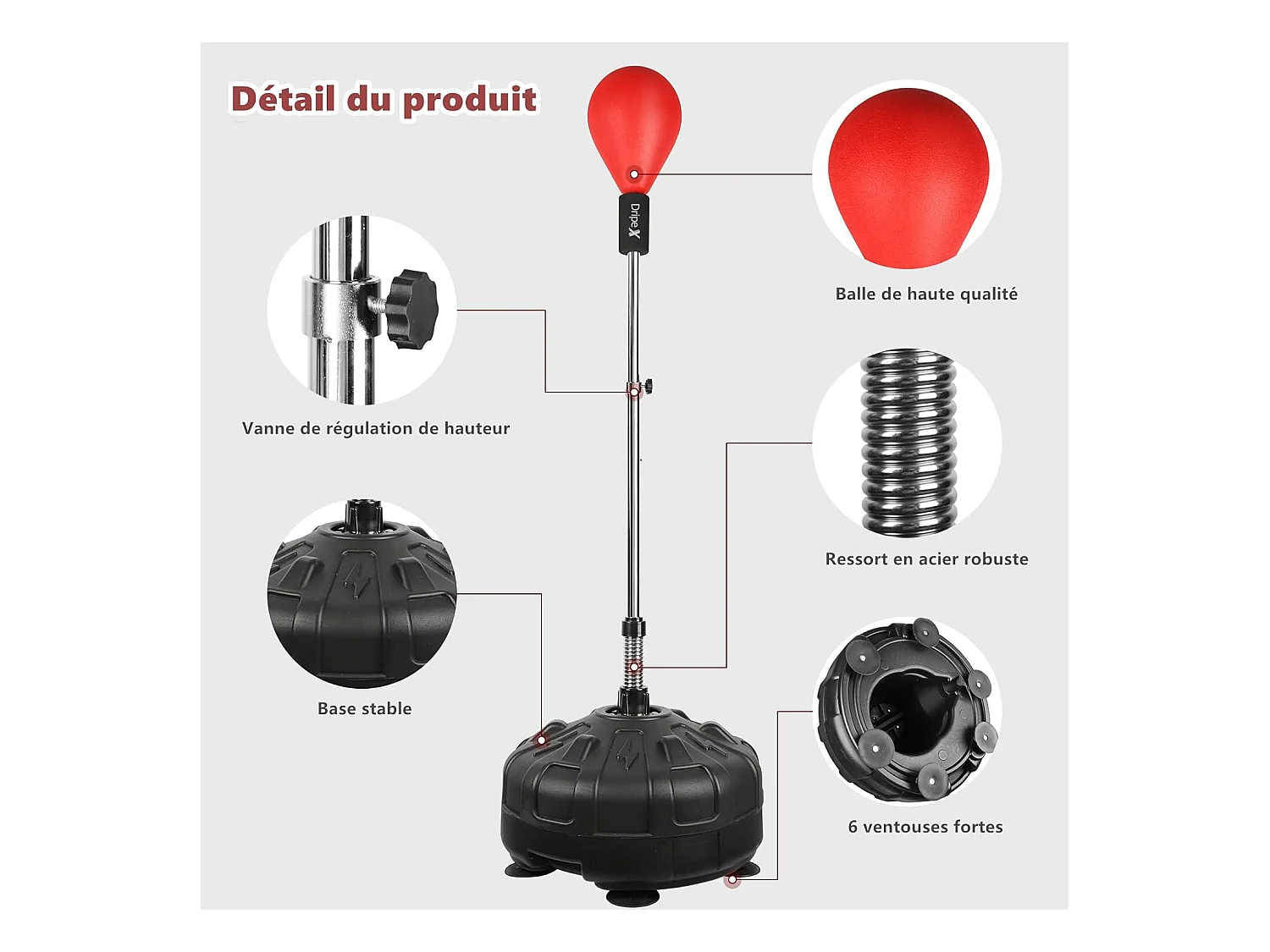 Dripex Punching Ball sur Pied avec Gants Enfant Sac de Frappe Boxe avec Base 6 Ventouses Hauteur Rglable 135-155 cm Rouge