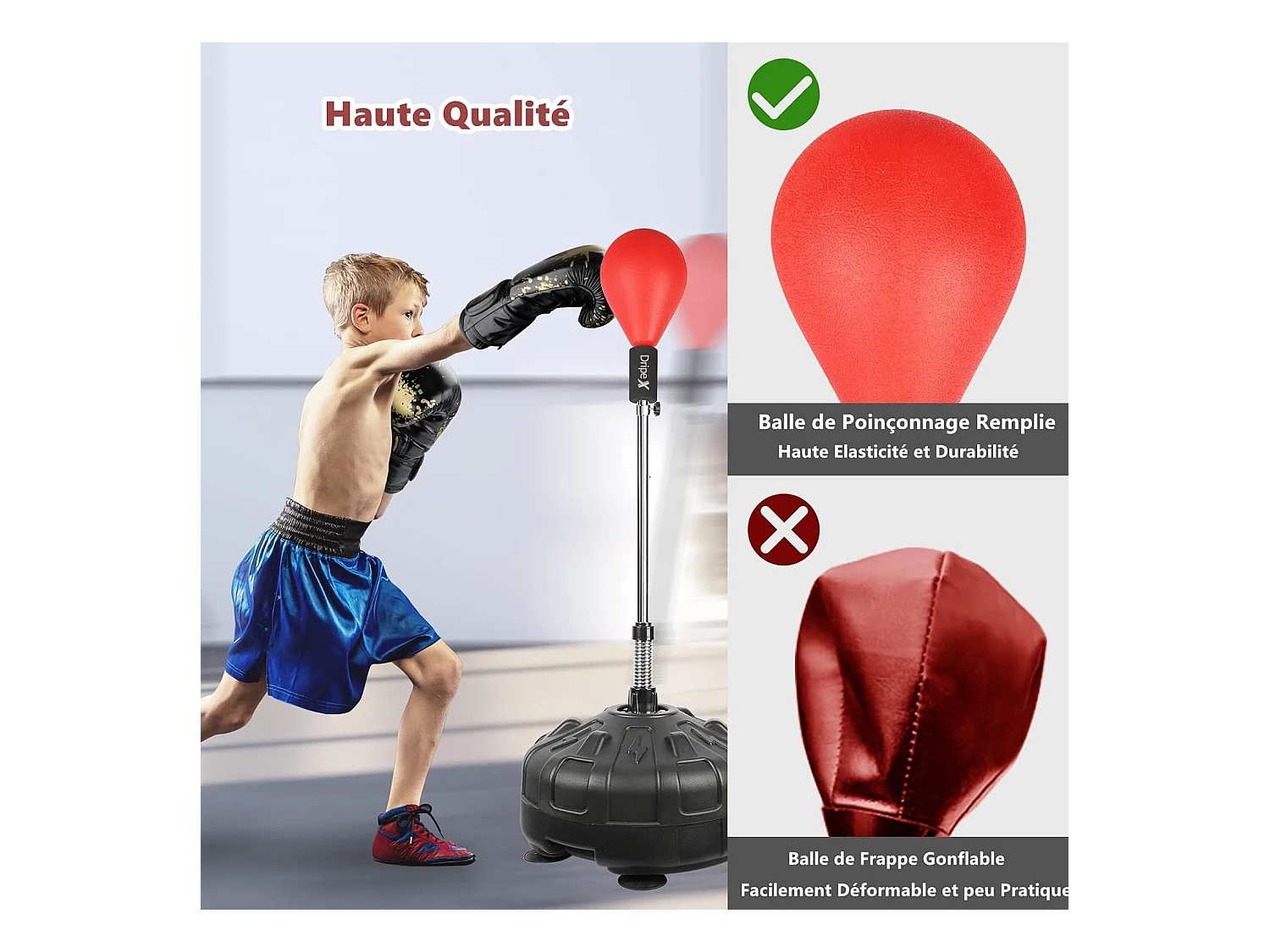 Dripex Punching Ball sur Pied avec Gants Enfant Sac de Frappe Boxe avec Base 6 Ventouses Hauteur Rglable 135-155 cm Rouge