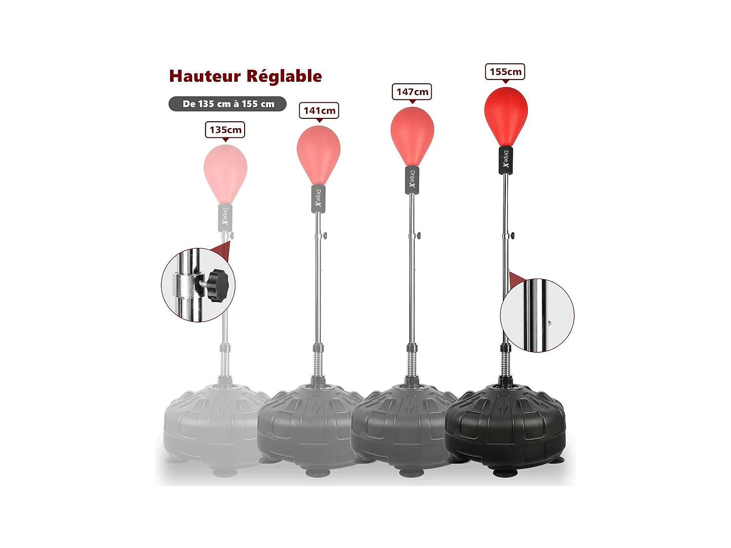 Dripex Punching Ball sur Pied avec Gants Enfant Sac de Frappe Boxe avec Base 6 Ventouses Hauteur Rglable 135-155 cm Rouge