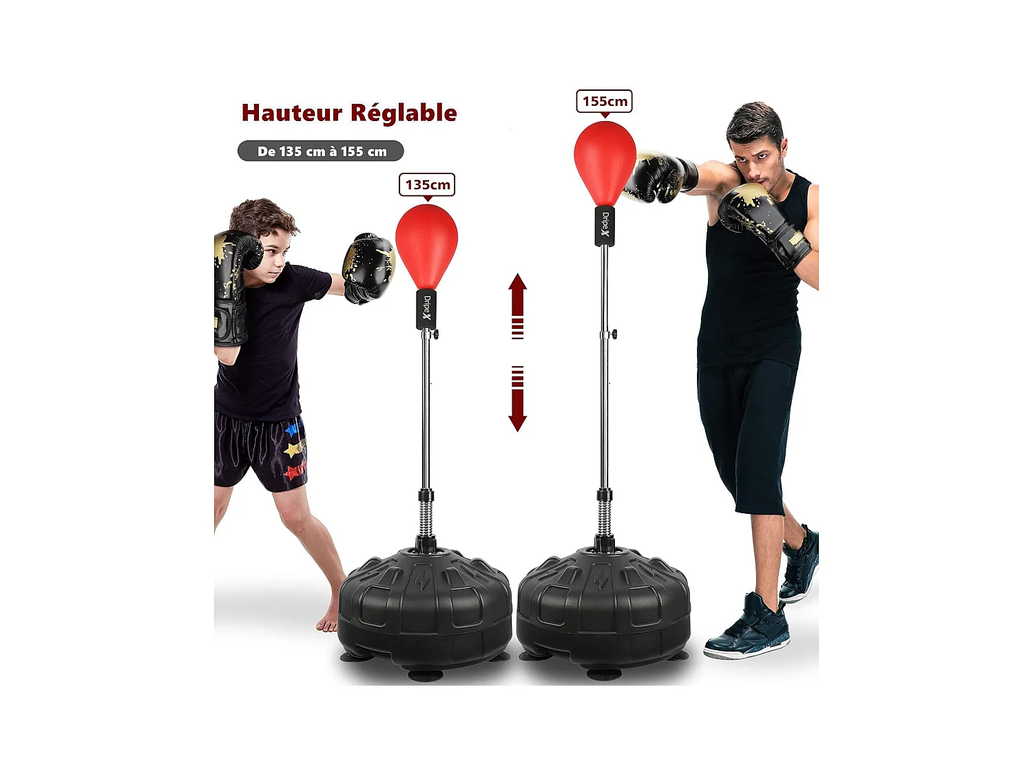 Dripex Punching Ball sur Pied avec Gants Enfant Sac de Frappe Boxe avec Base 6 Ventouses Hauteur Rglable 135-155 cm Rouge