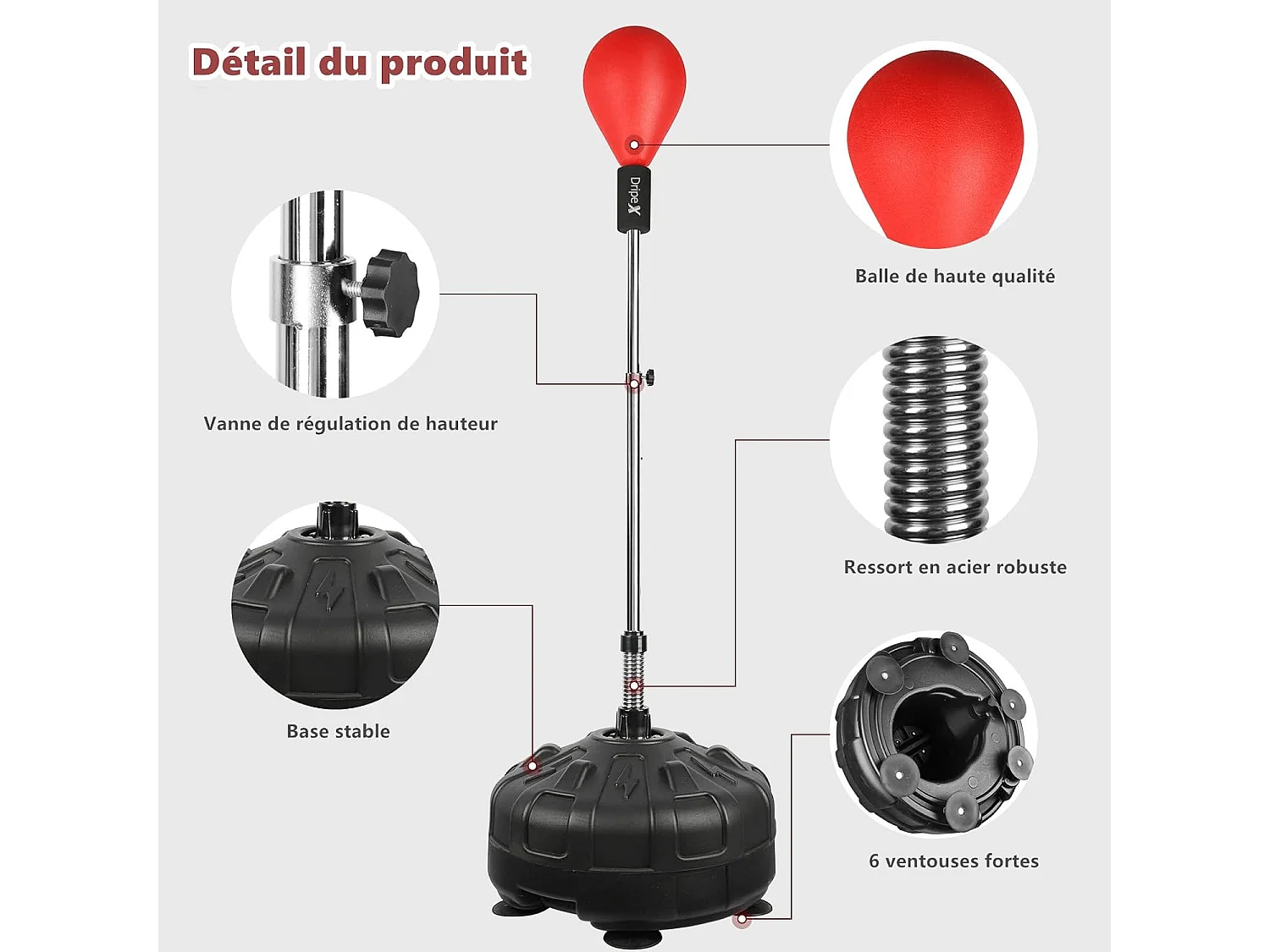 Dripex Punching Ball sur Pied avec Gants Enfant Sac de Frappe Boxe avec Base 6 Ventouses Hauteur Rglable 135-155 cm Rouge