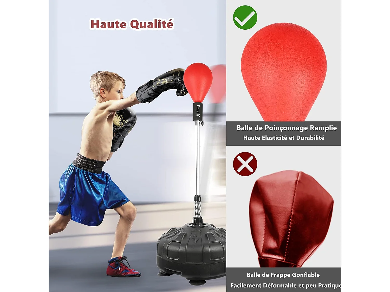 Dripex Punching Ball sur Pied avec Gants Enfant Sac de Frappe Boxe avec Base 6 Ventouses Hauteur Rglable 135-155 cm Rouge